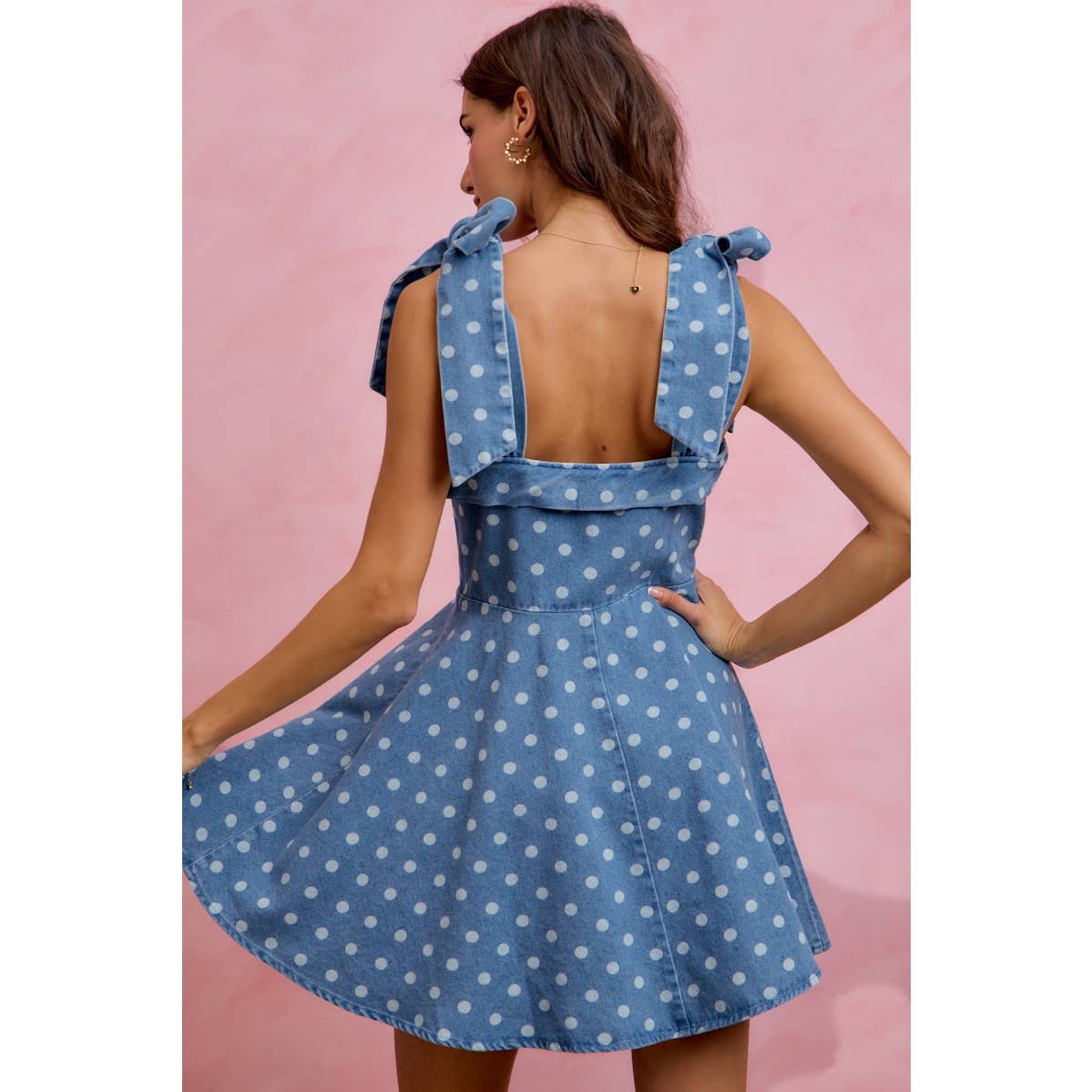 Polka Dot Denim Shoulder Tie Dress