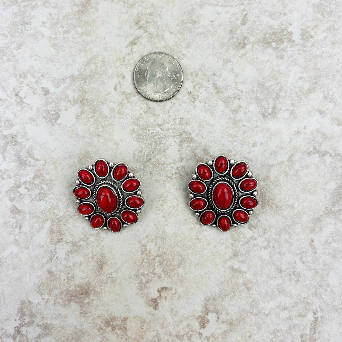 Red Floral Concho Post Earrings
