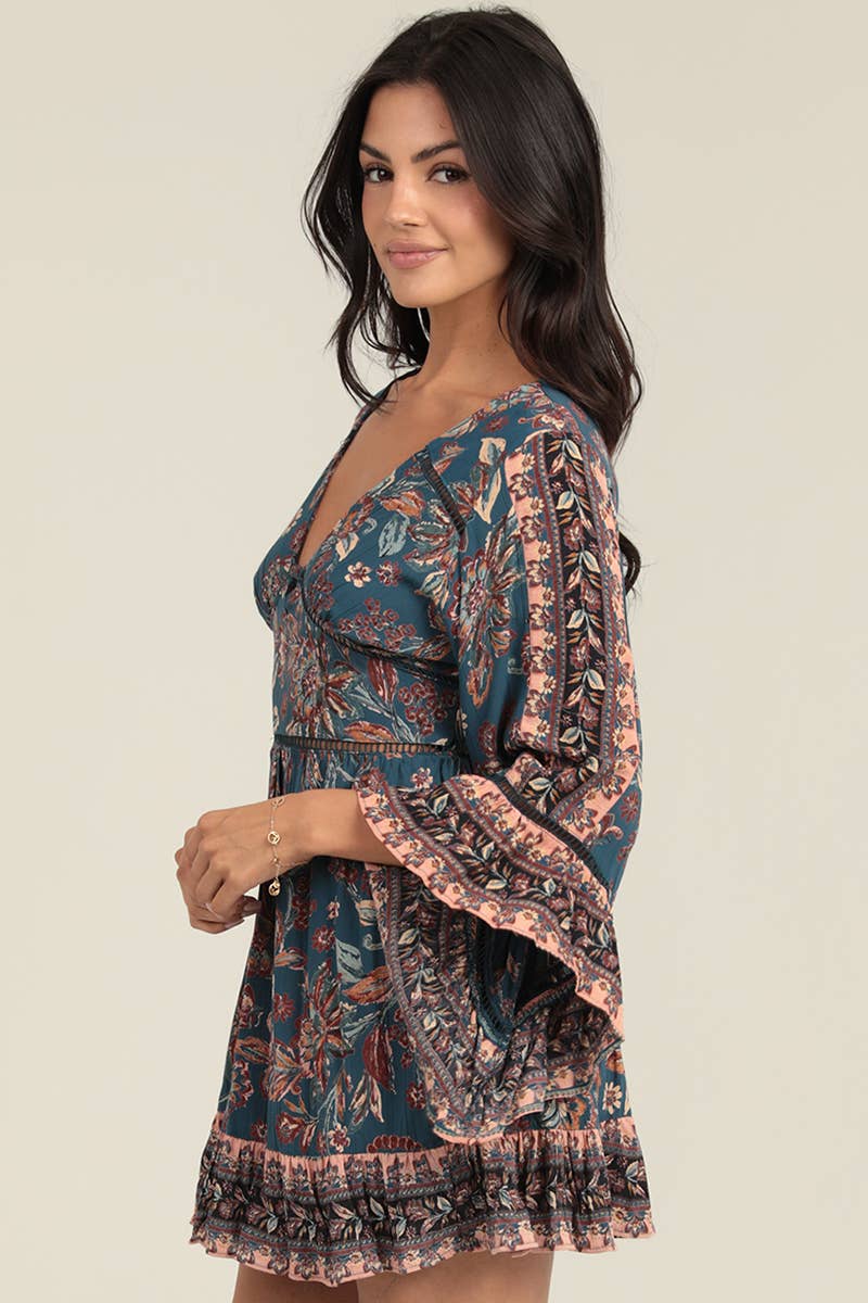 Floral Bell Sleeve Vneck Dress