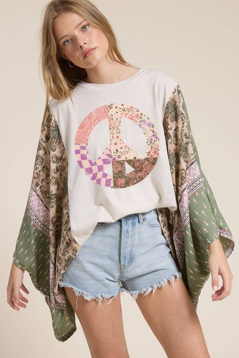 Boho Peace Floral Vintage Graphic Sheer Sleeves Kaftan Top