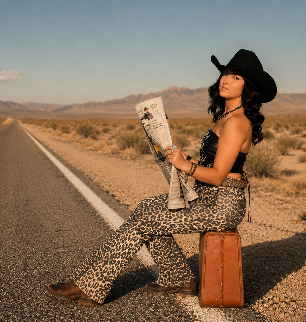 Cowgirl reading newspaper on desert road