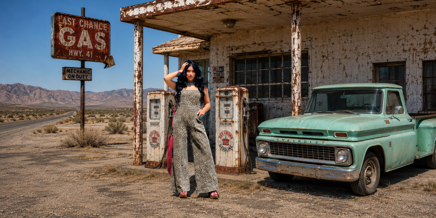 Woman in sequined jumpsuit at a vintage desert gas station