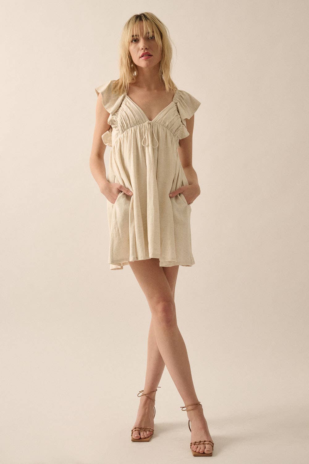 Ruffled Cap Sleeve Oatmeal Mini Dress