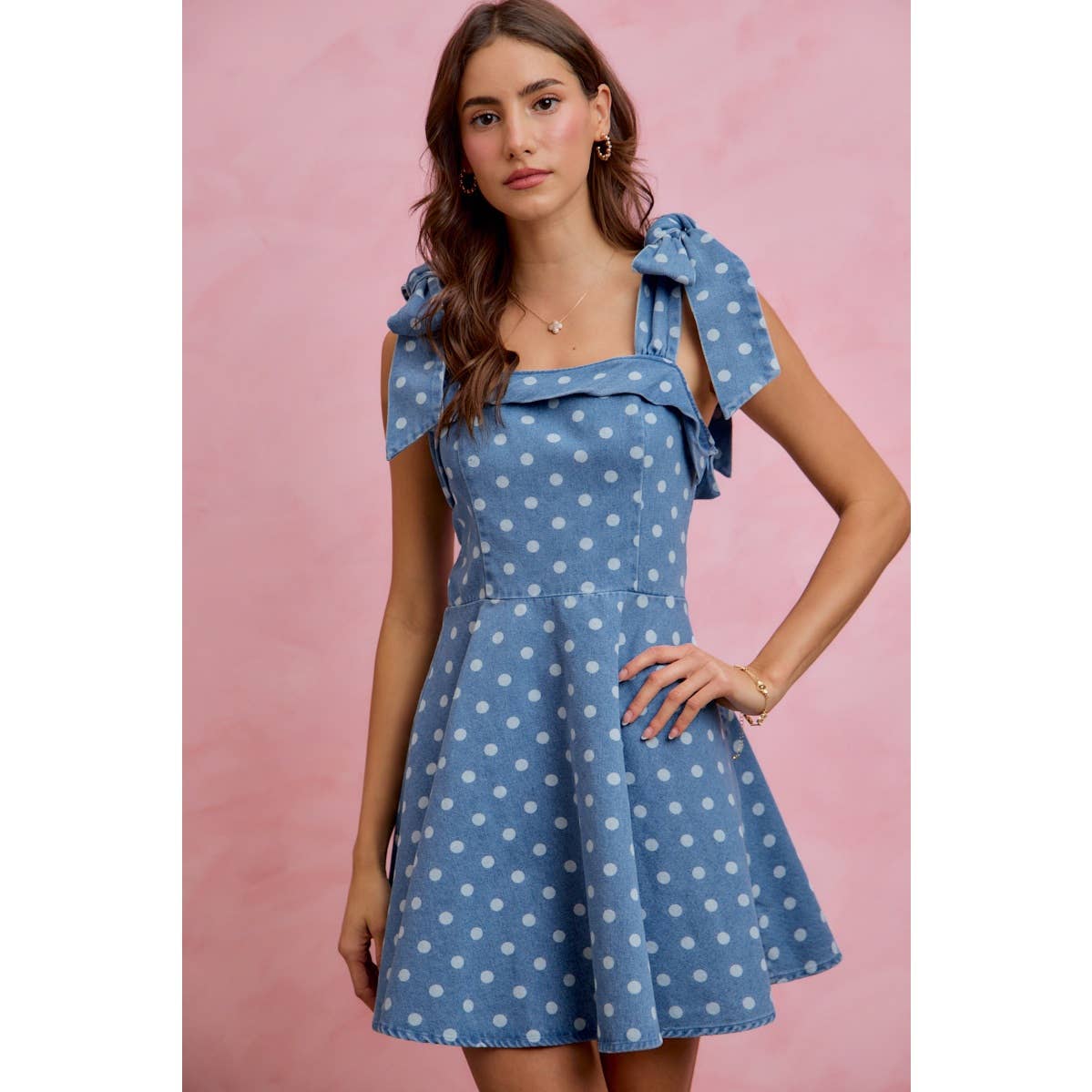 Polka Dot Denim Shoulder Tie Dress