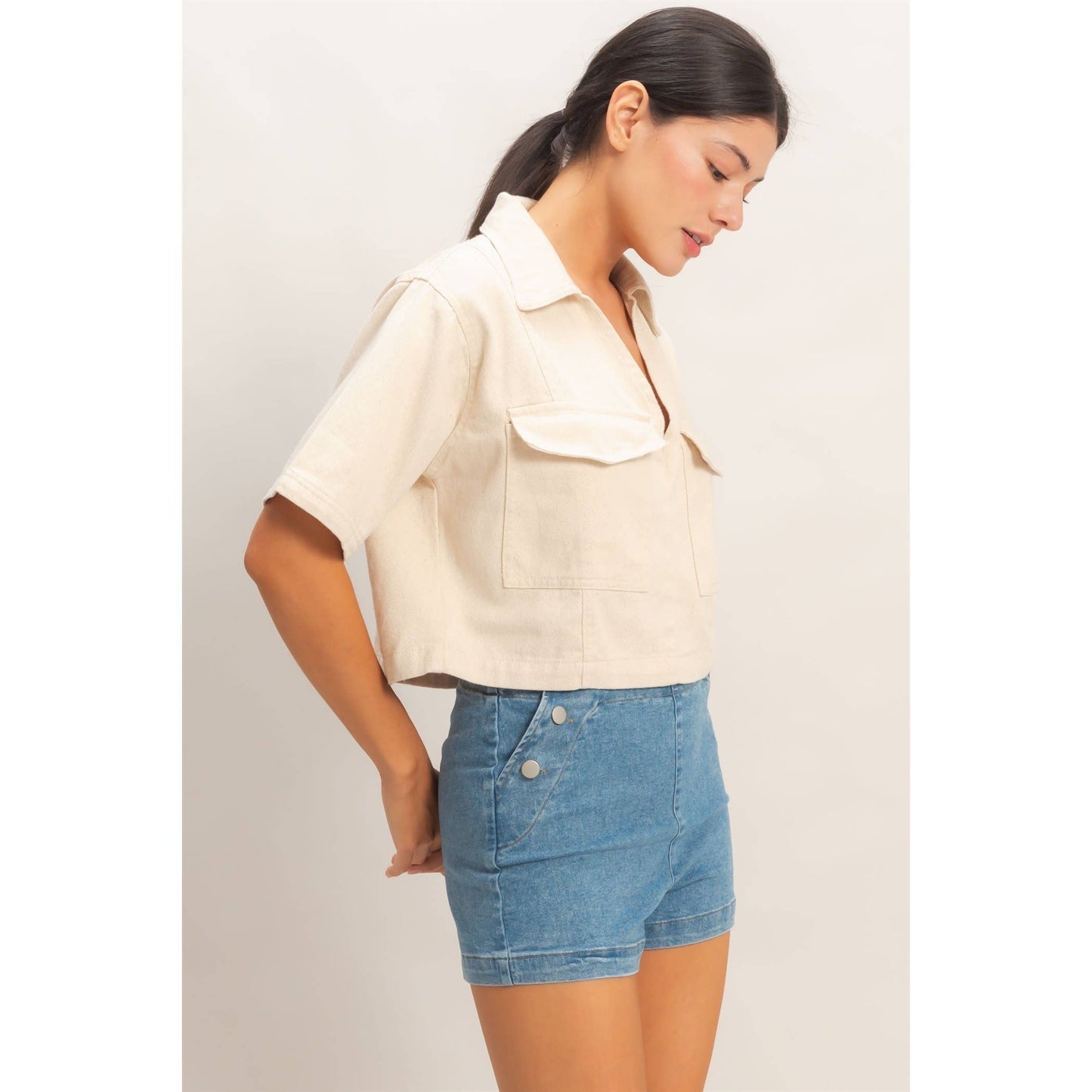 Collared V-Neck Top Oatmeal