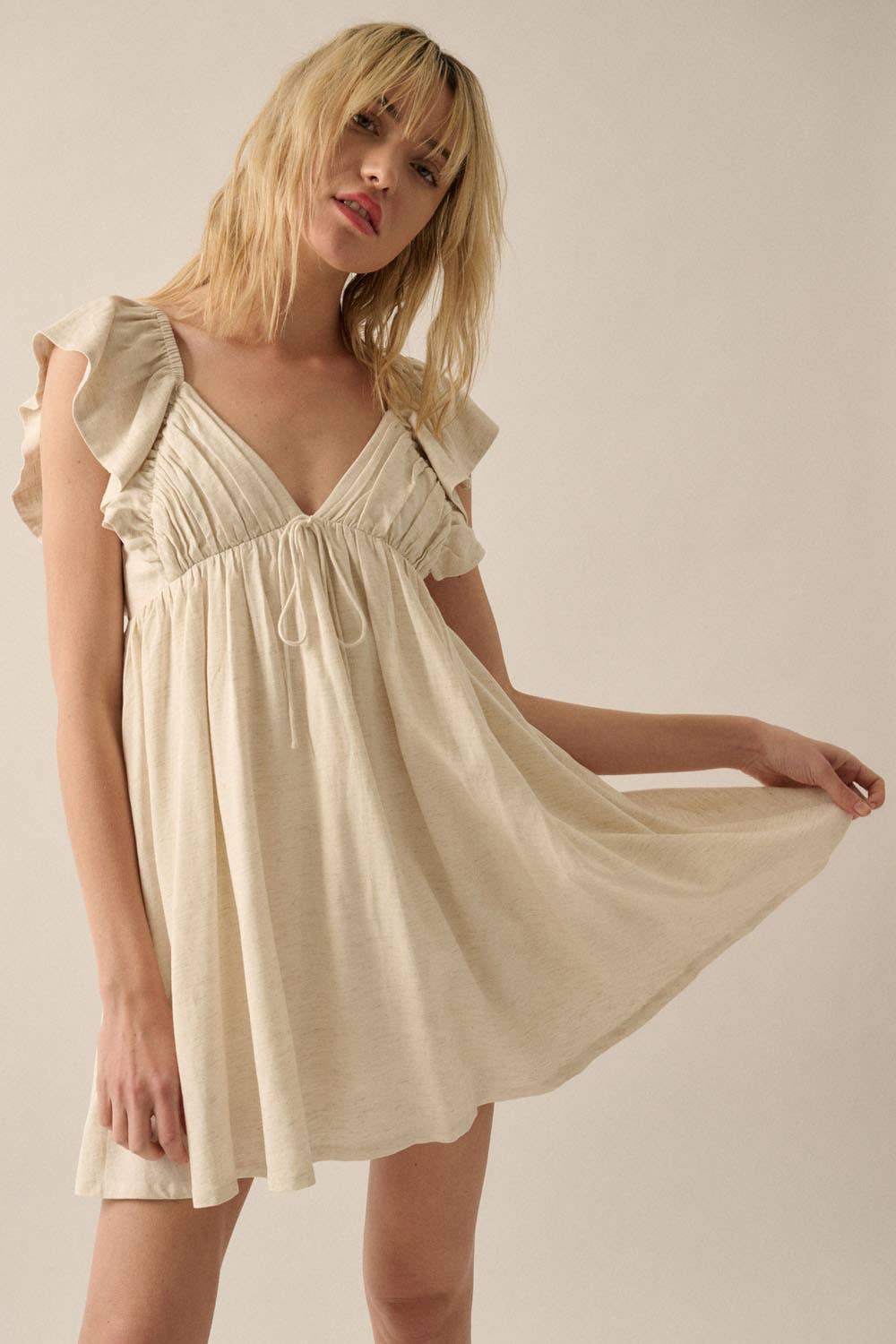 Ruffled Cap Sleeve Oatmeal Mini Dress