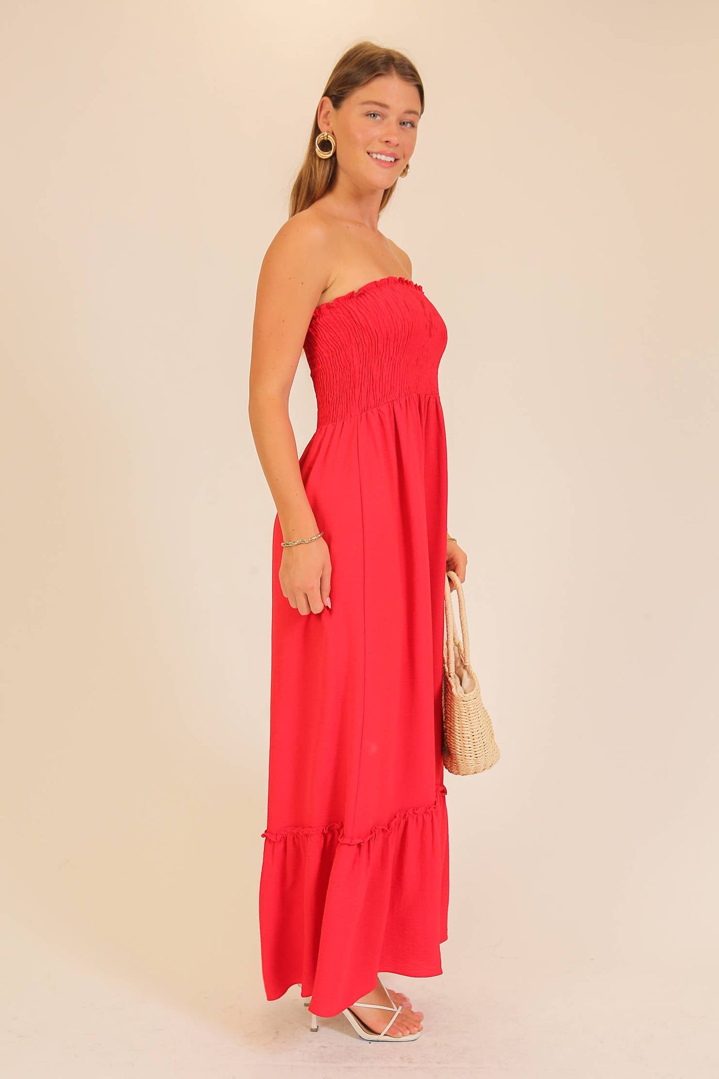 Strapless Boho Smocked Red Maxi Dress