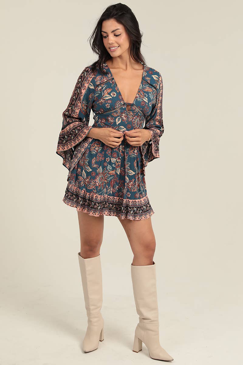 Floral Bell Sleeve Vneck Dress