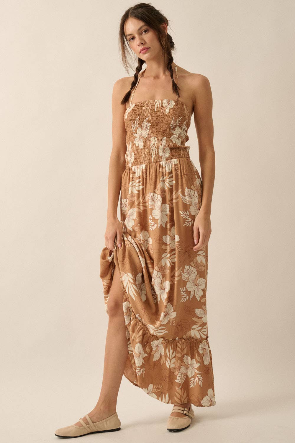 Floral Smocked Maxi Halter Dress