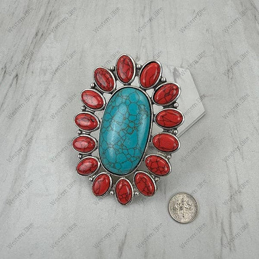 Turquoise And Red Large Oval Ring