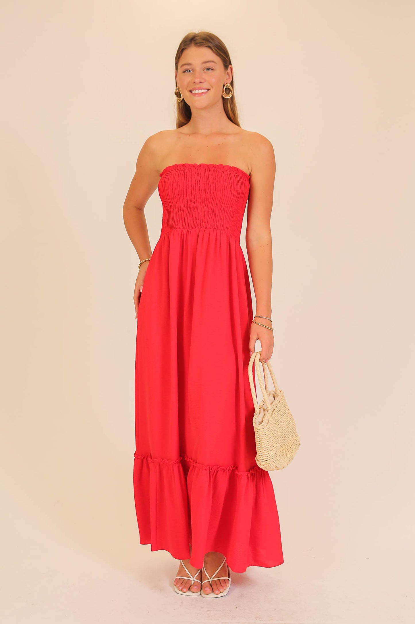 Strapless Boho Smocked Red Maxi Dress