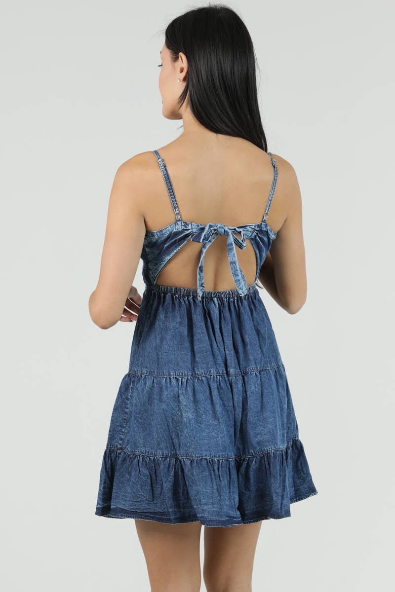 Open Back Smocked Denim Dress