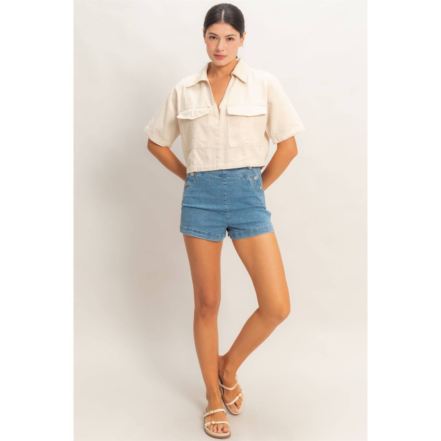 Collared V-Neck Top Oatmeal