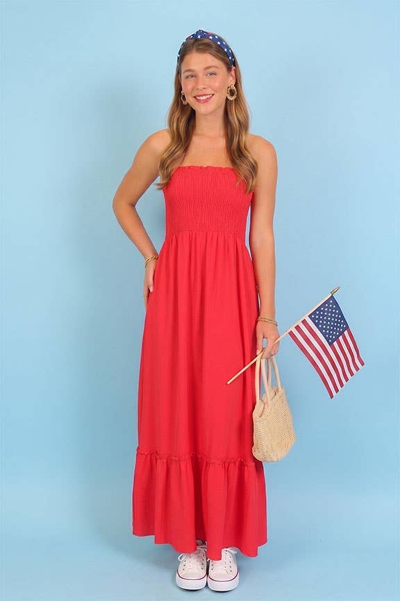 Strapless Boho Smocked Red Maxi Dress