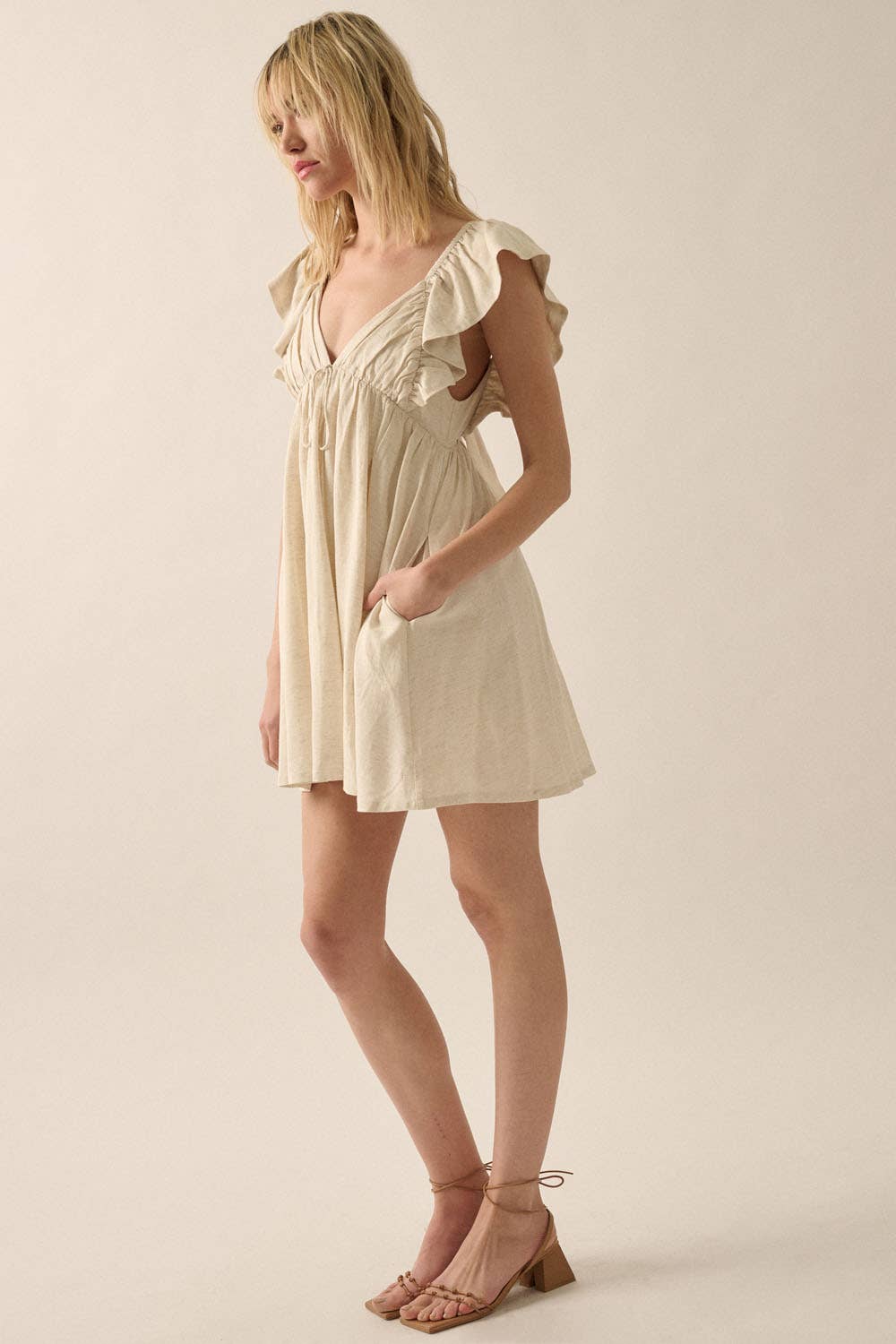 Ruffled Cap Sleeve Oatmeal Mini Dress