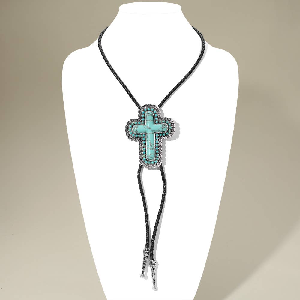 Western Turquoise Faux Leather Bolo Necklace
