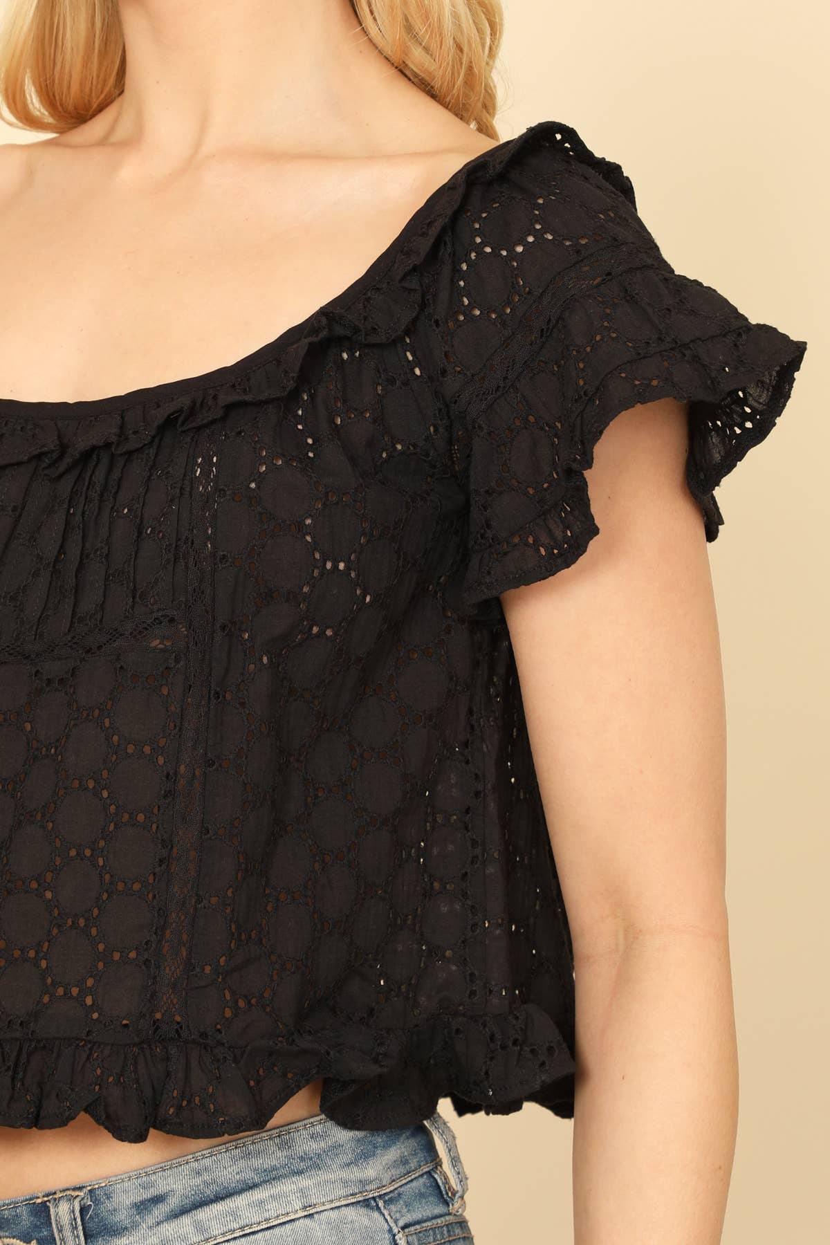 Women's Short Ruffle Sleeve Eyelet Detail Crop Top