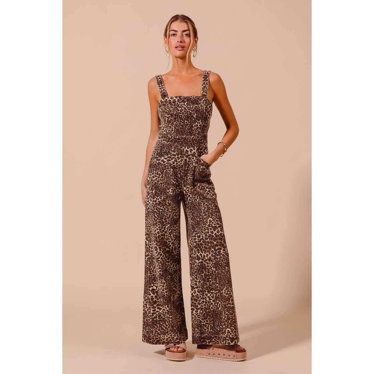 Leopard Denim Jumpsuit With Pockets