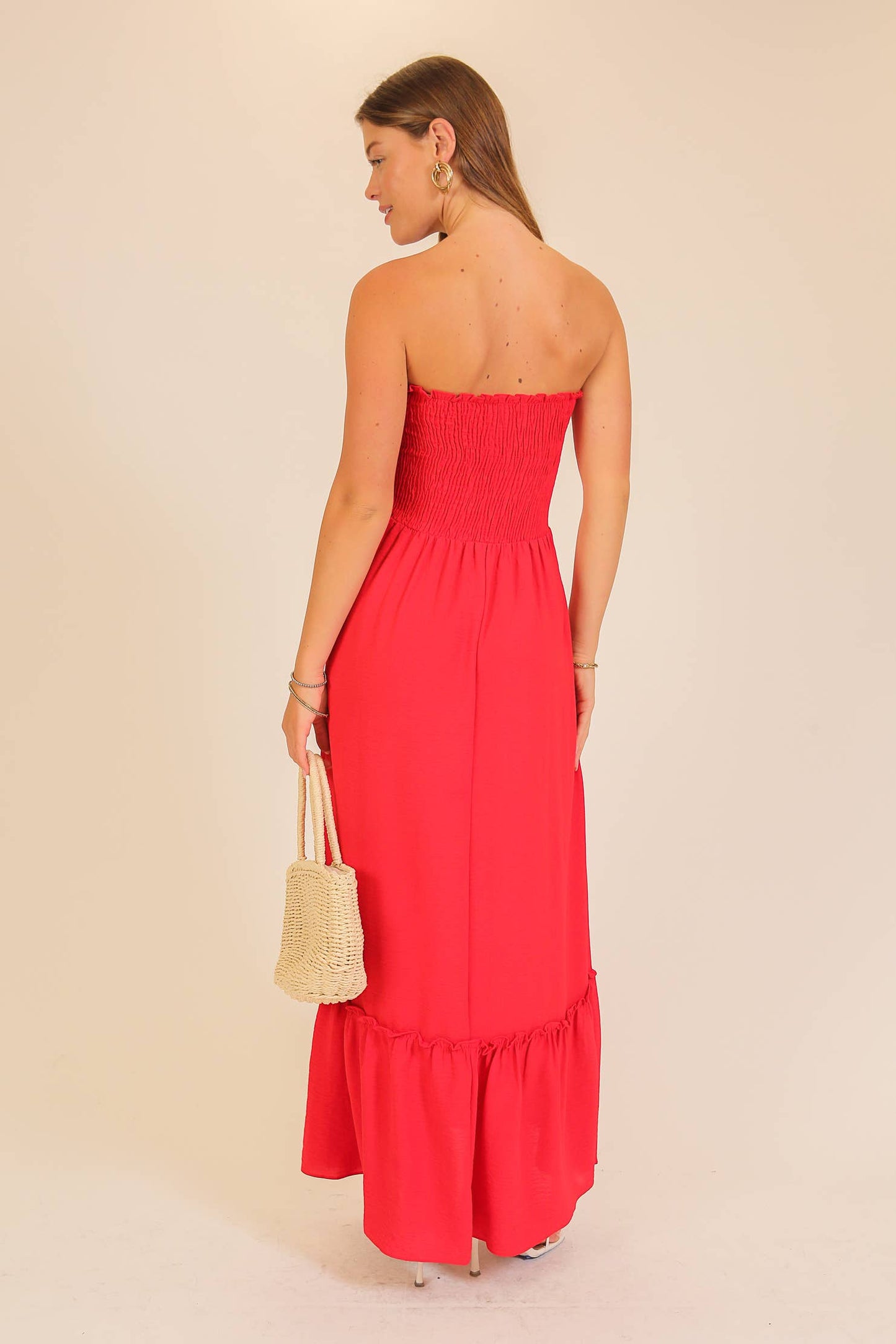 Strapless Boho Smocked Red Maxi Dress