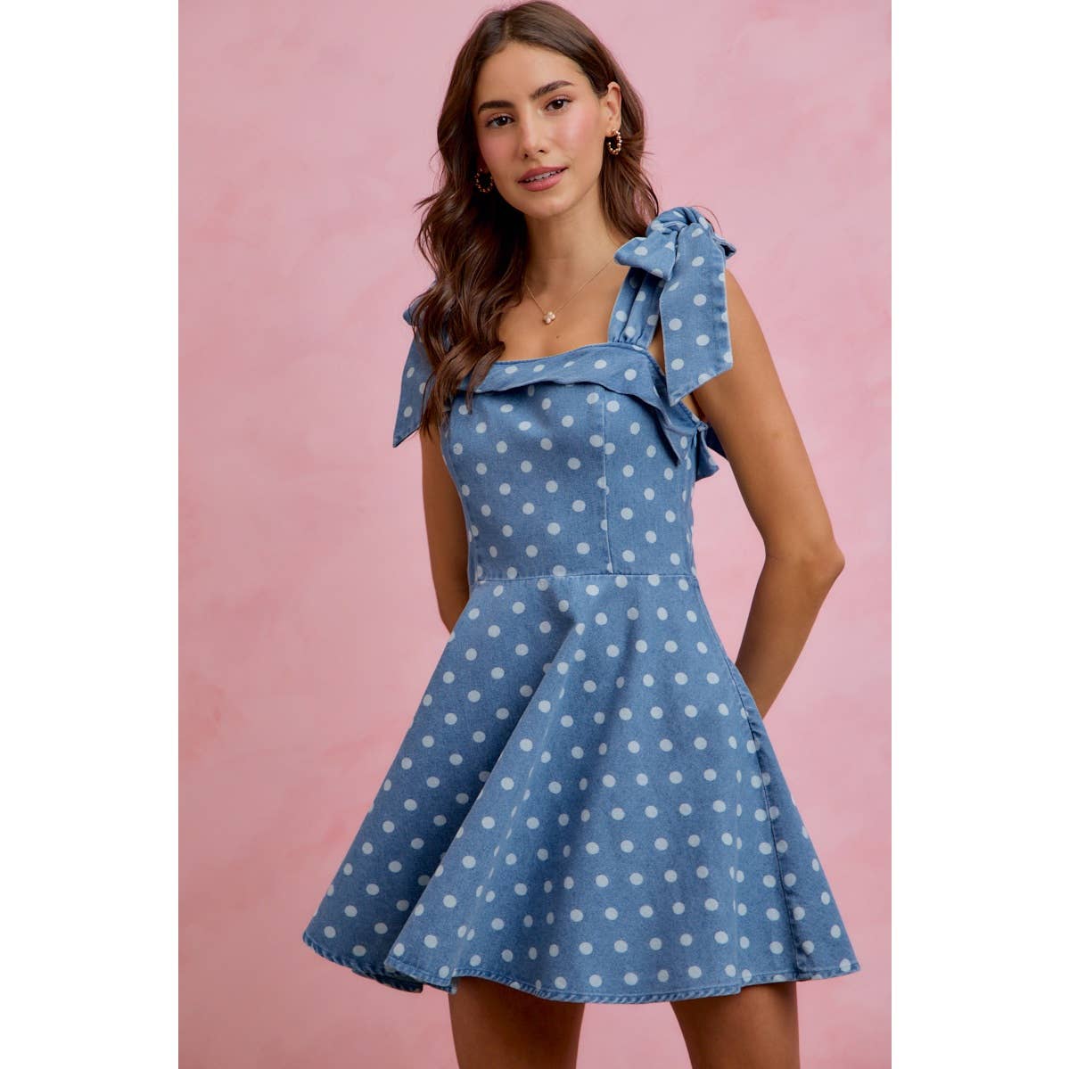 Polka Dot Denim Shoulder Tie Dress