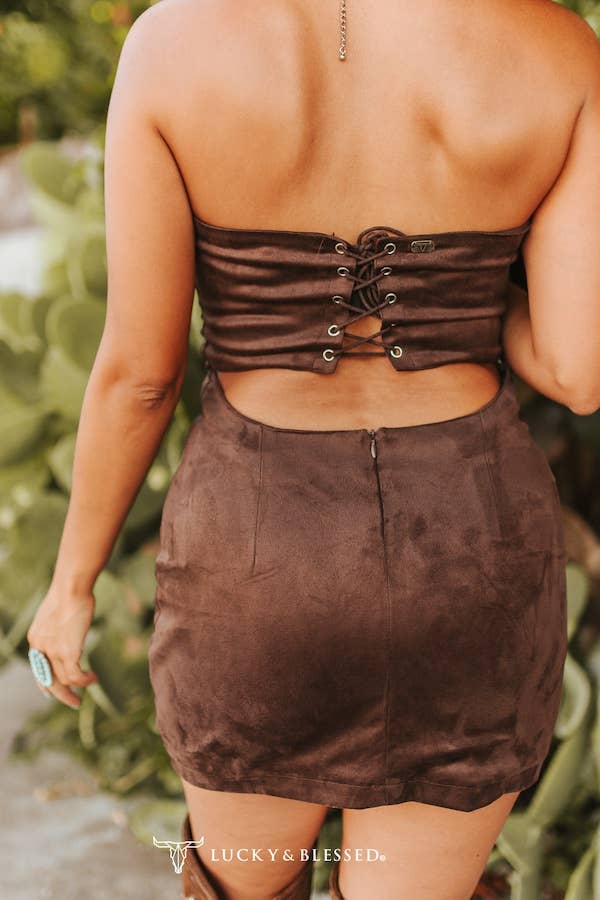 Brown Stretch Suede Embroidered BootStitch Tie Up Back Dress