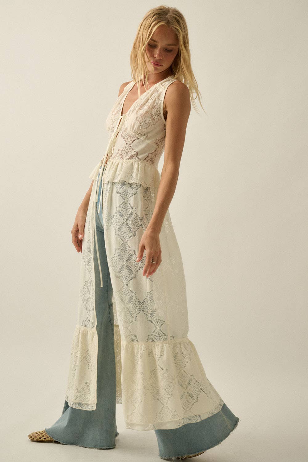 Floral Lace Tie Maxi Cream Top