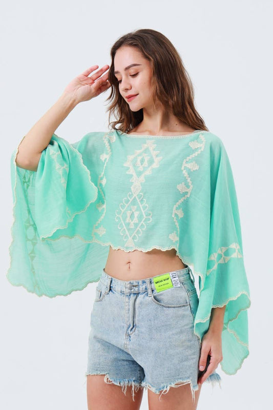Boho Embroidered Cropped Kaftan Top One Size