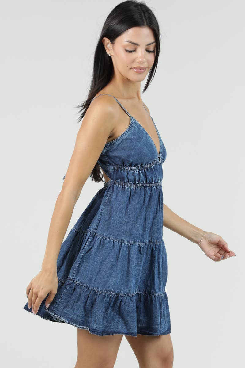 Open Back Smocked Denim Dress