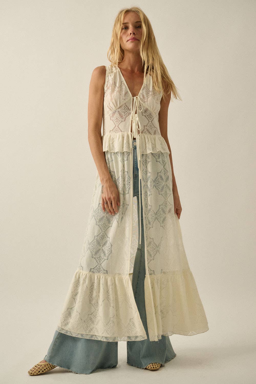 Floral Lace Tie Maxi Cream Top