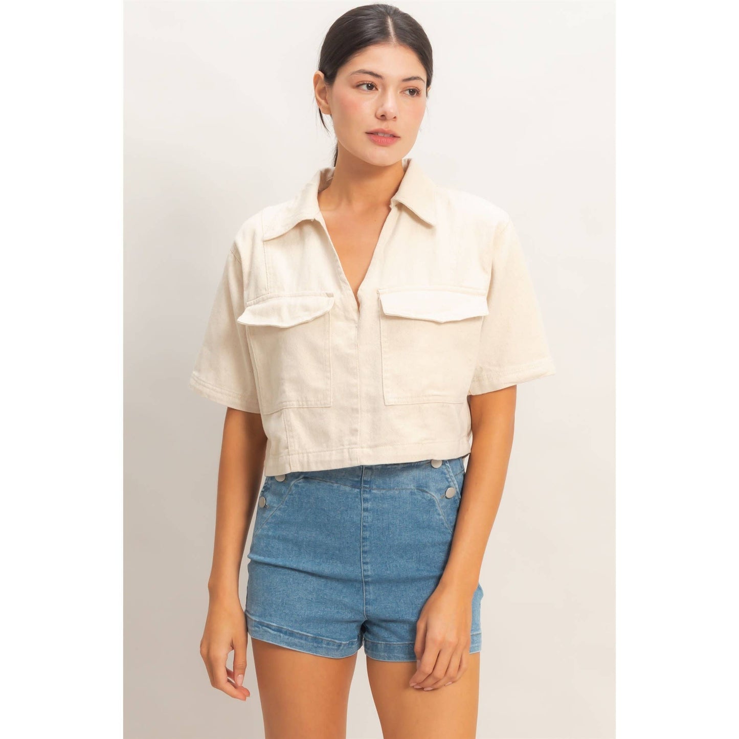 Collared V-Neck Top Oatmeal