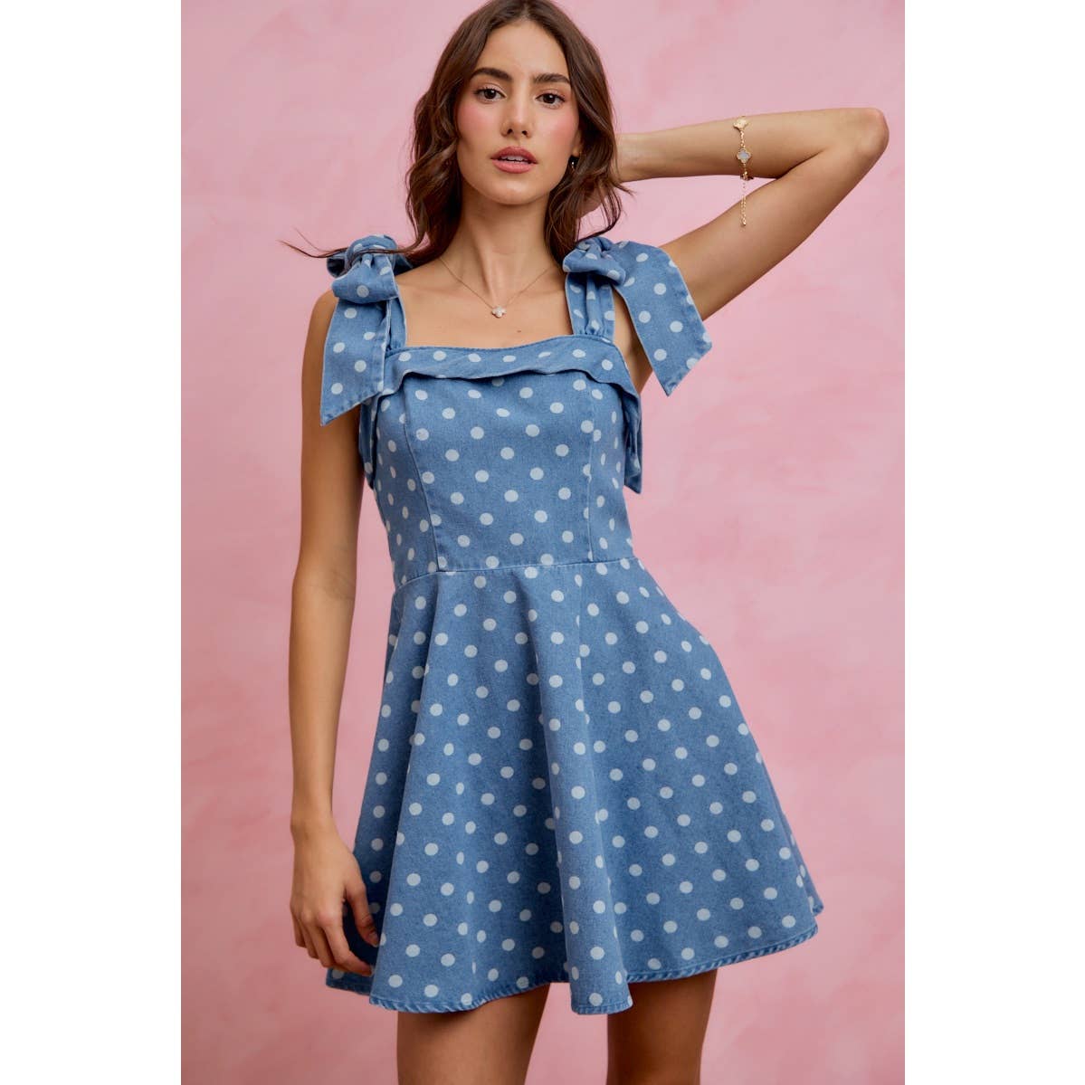 Polka Dot Denim Shoulder Tie Dress