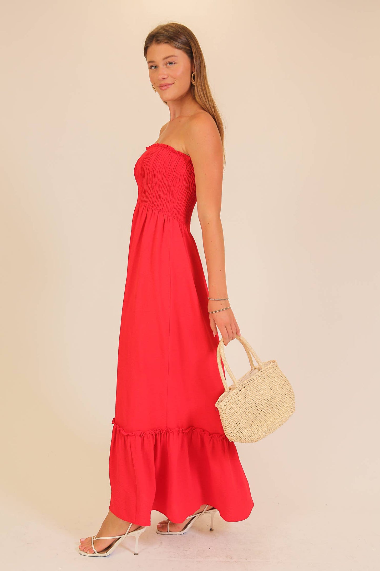 Strapless Boho Smocked Red Maxi Dress