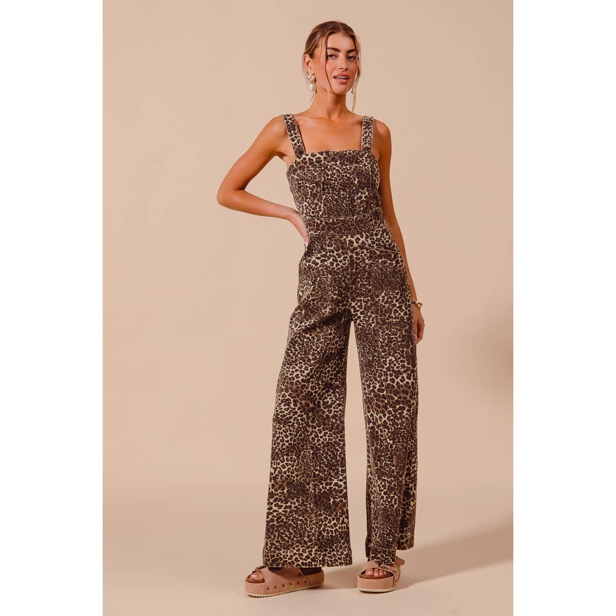 Leopard Denim Jumpsuit With Pockets