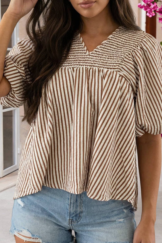 Brown Striped Balloon Sleeve Top