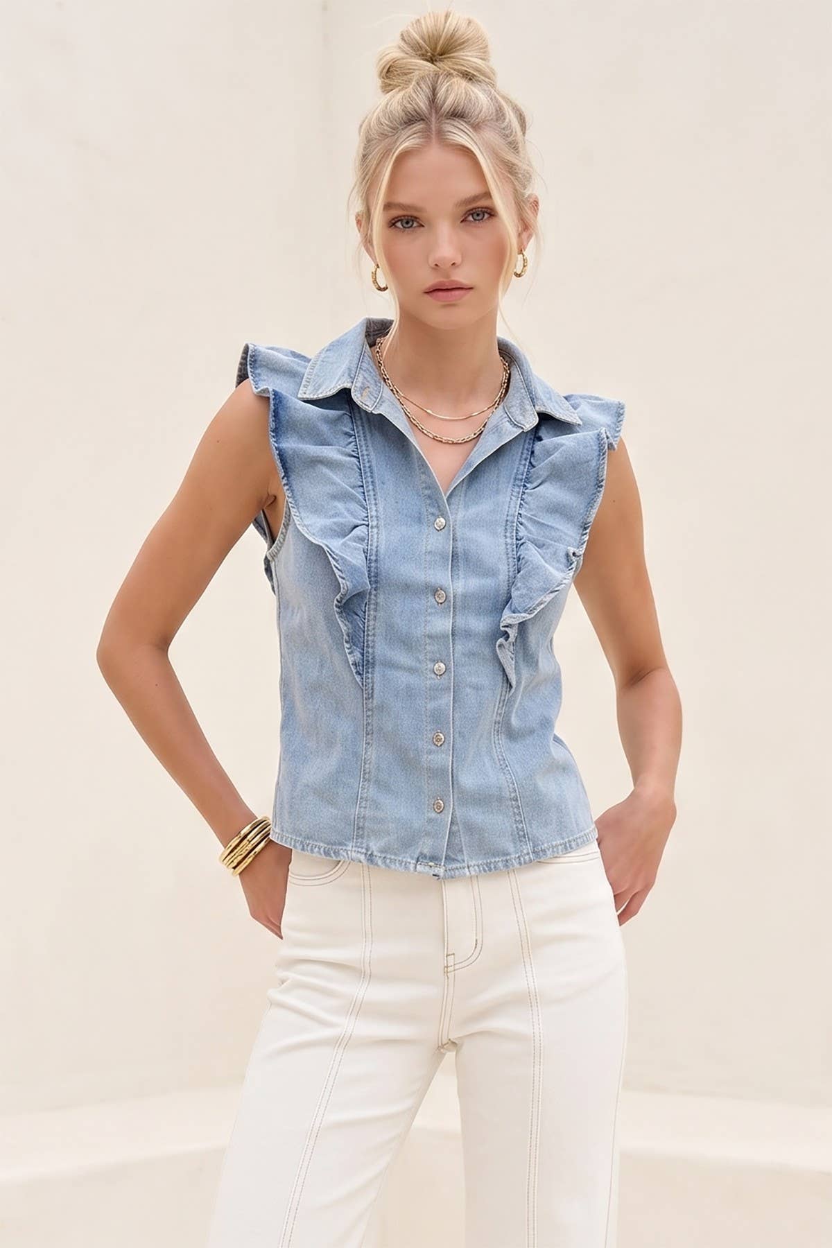 Ruffled Sleeveless Denim Top