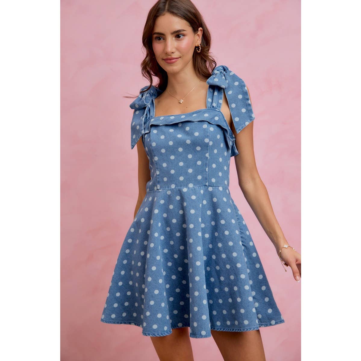 Polka Dot Denim Shoulder Tie Dress