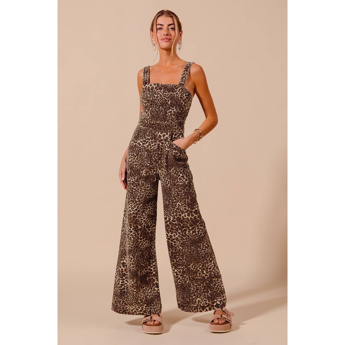 Leopard Denim Jumpsuit With Pockets