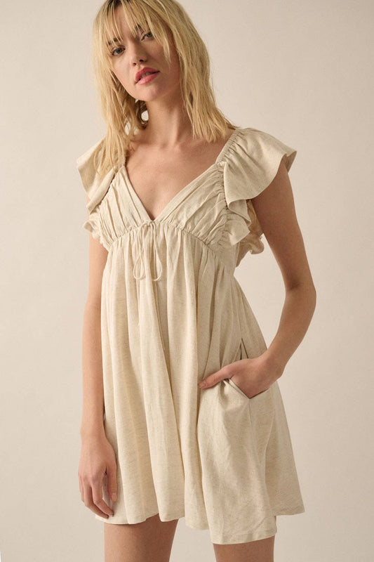 Ruffled Cap Sleeve Oatmeal Mini Dress