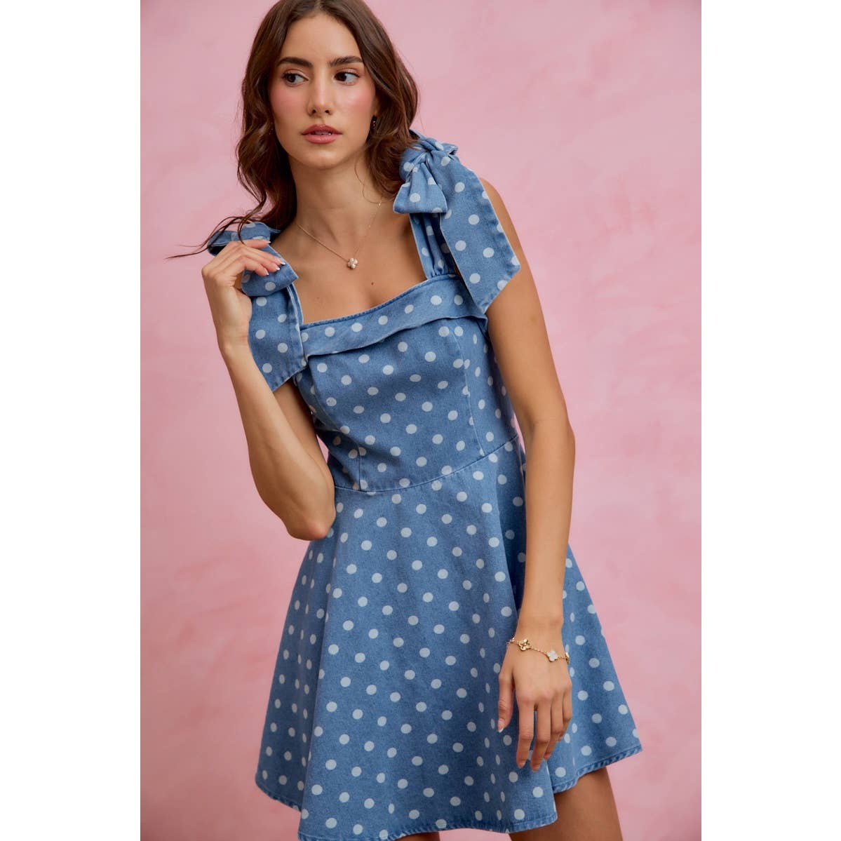 Polka Dot Denim Shoulder Tie Dress