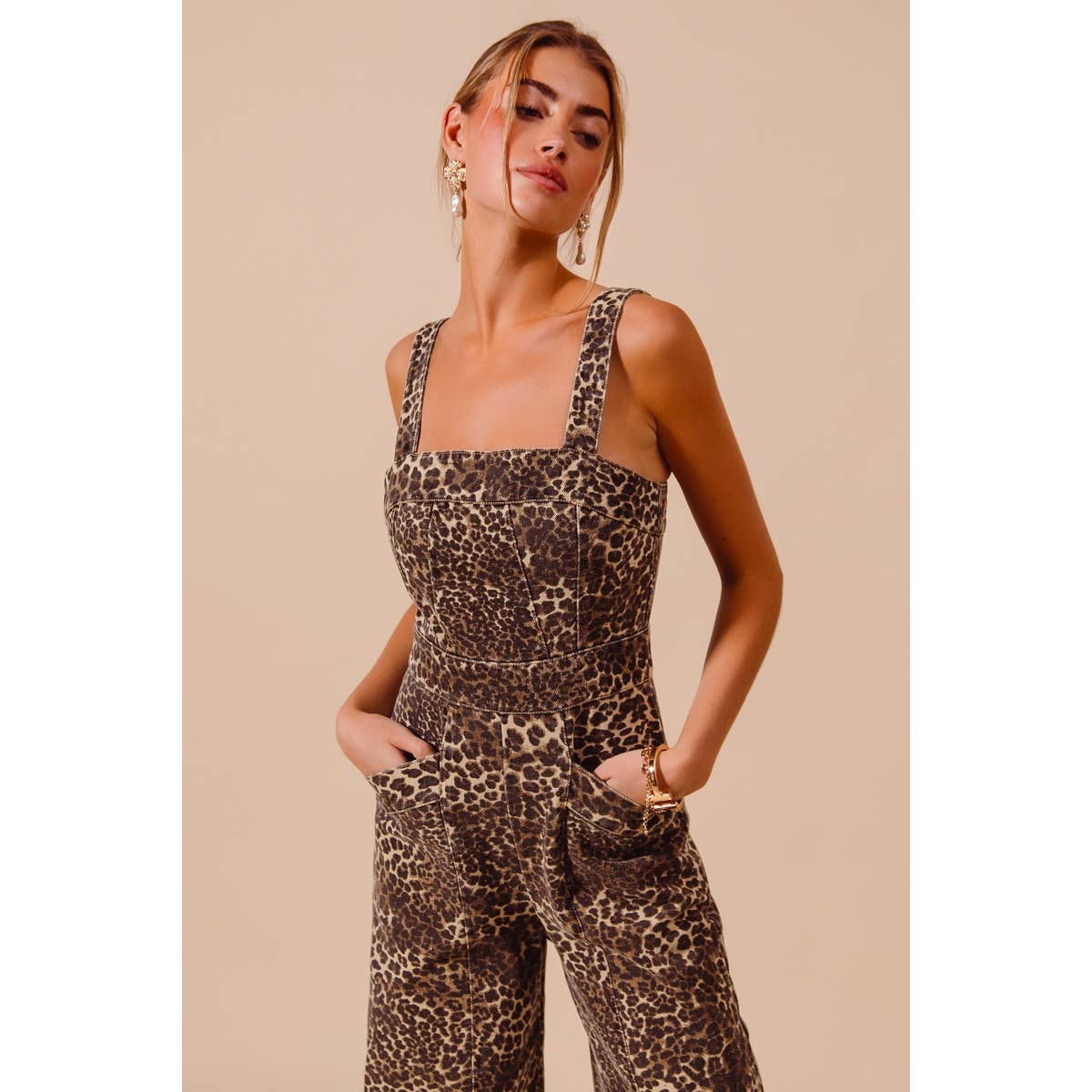 Leopard Denim Jumpsuit With Pockets