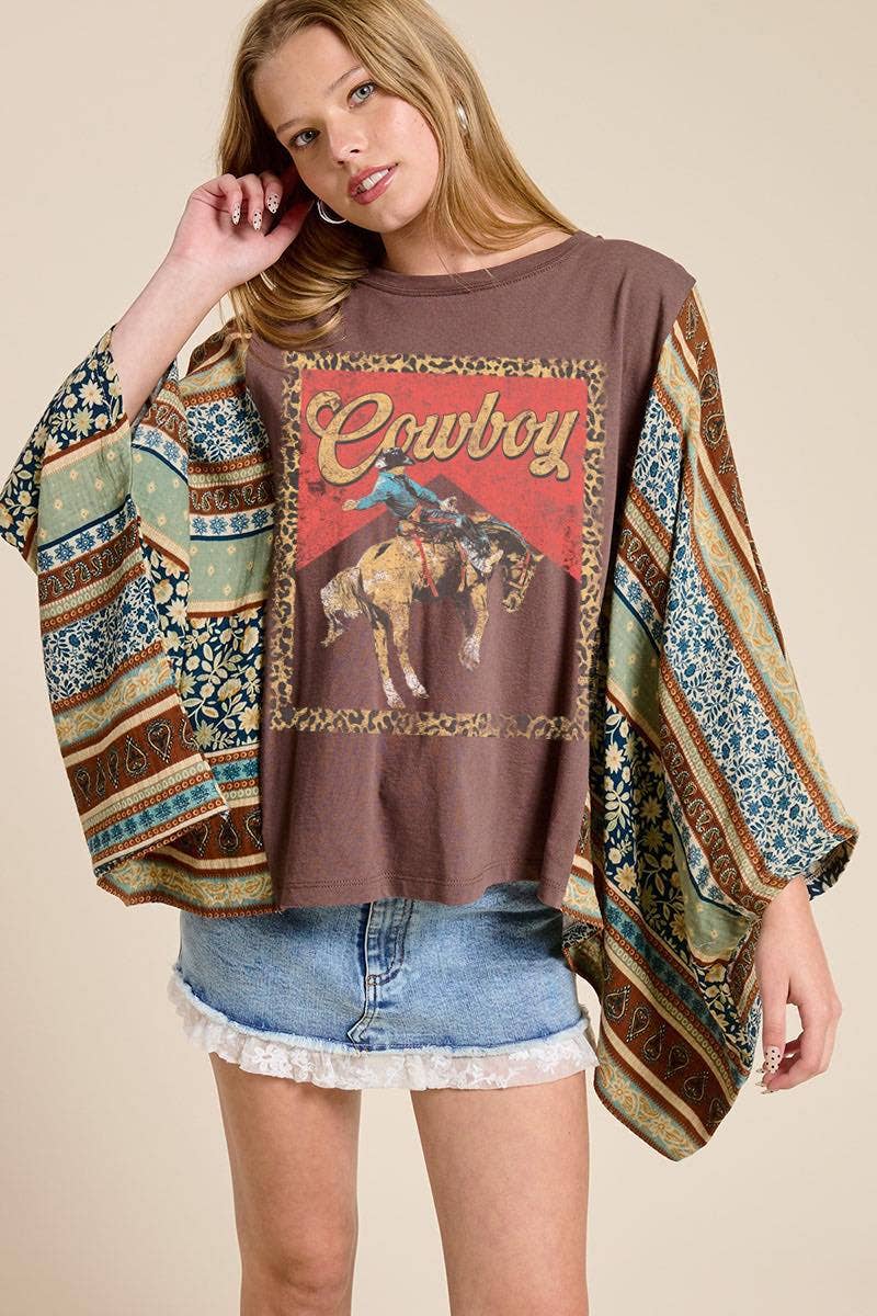 Western Vintage Cowboy Leopard Graphic Sheer Boho Kaftan Top
