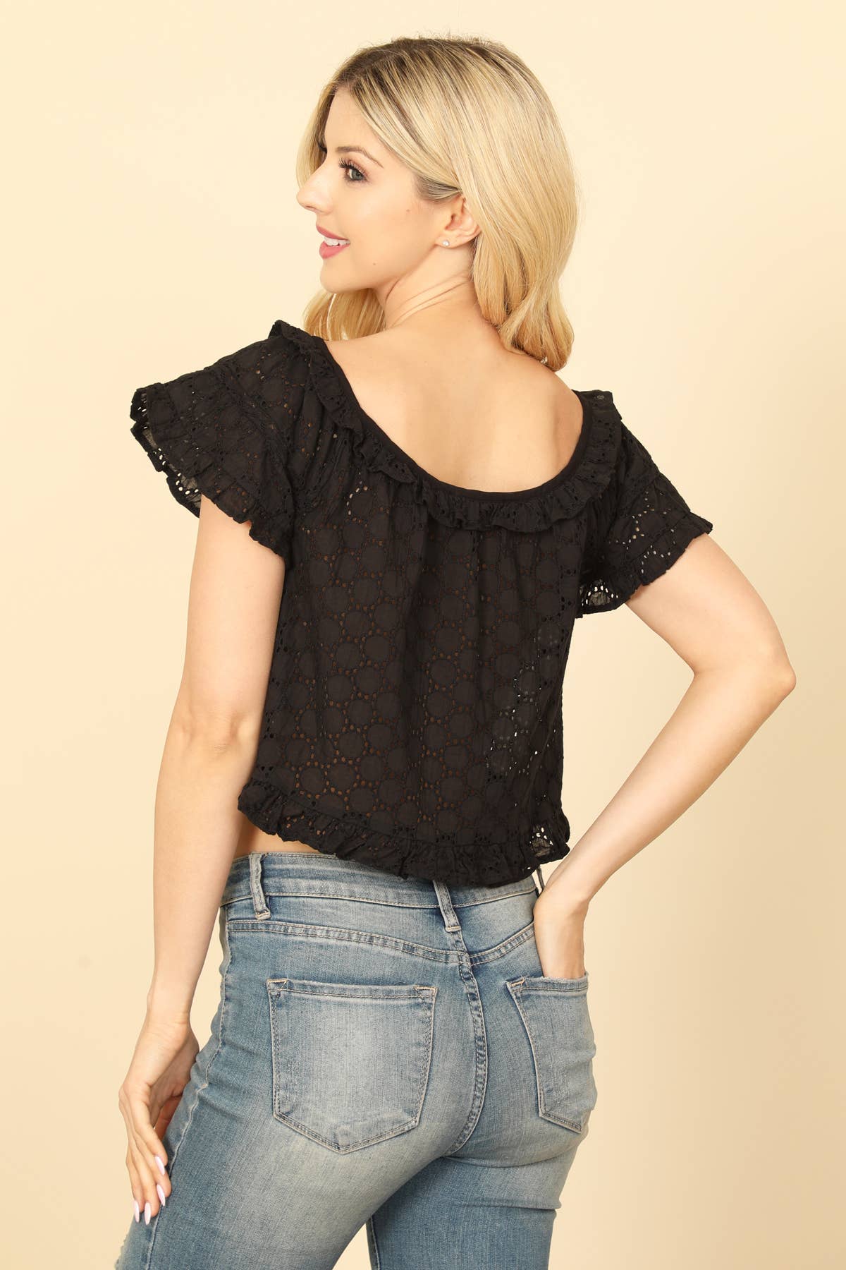 Women's Short Ruffle Sleeve Eyelet Detail Crop Top