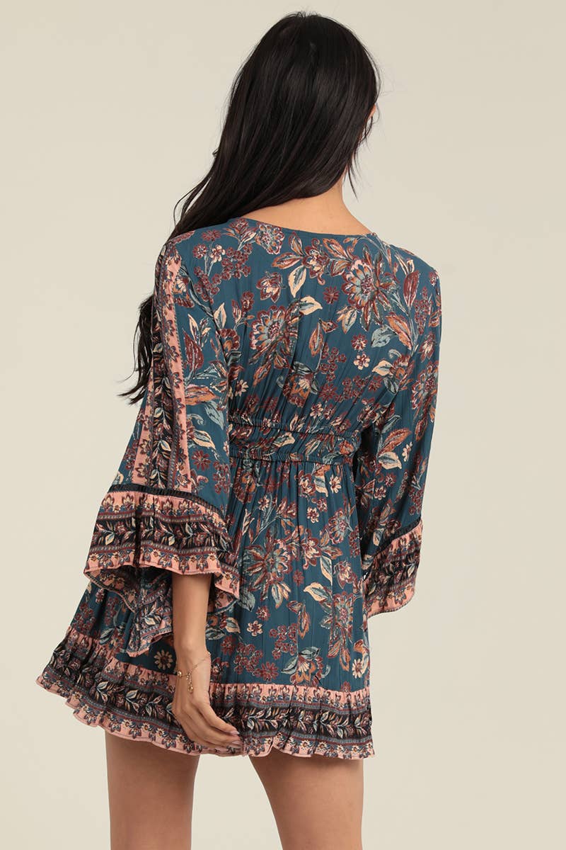 Floral Bell Sleeve Vneck Dress