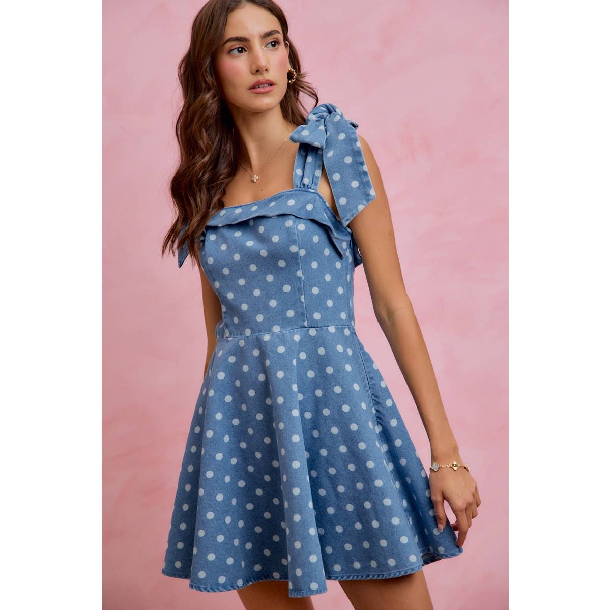 Polka Dot Denim Shoulder Tie Dress