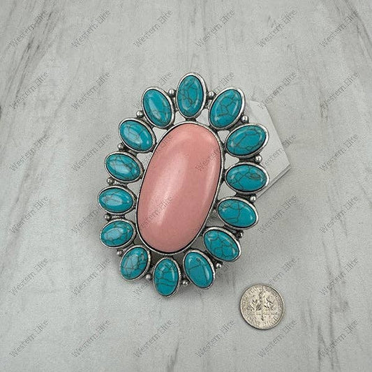 Blue And Pink Large Oval Stone Ring