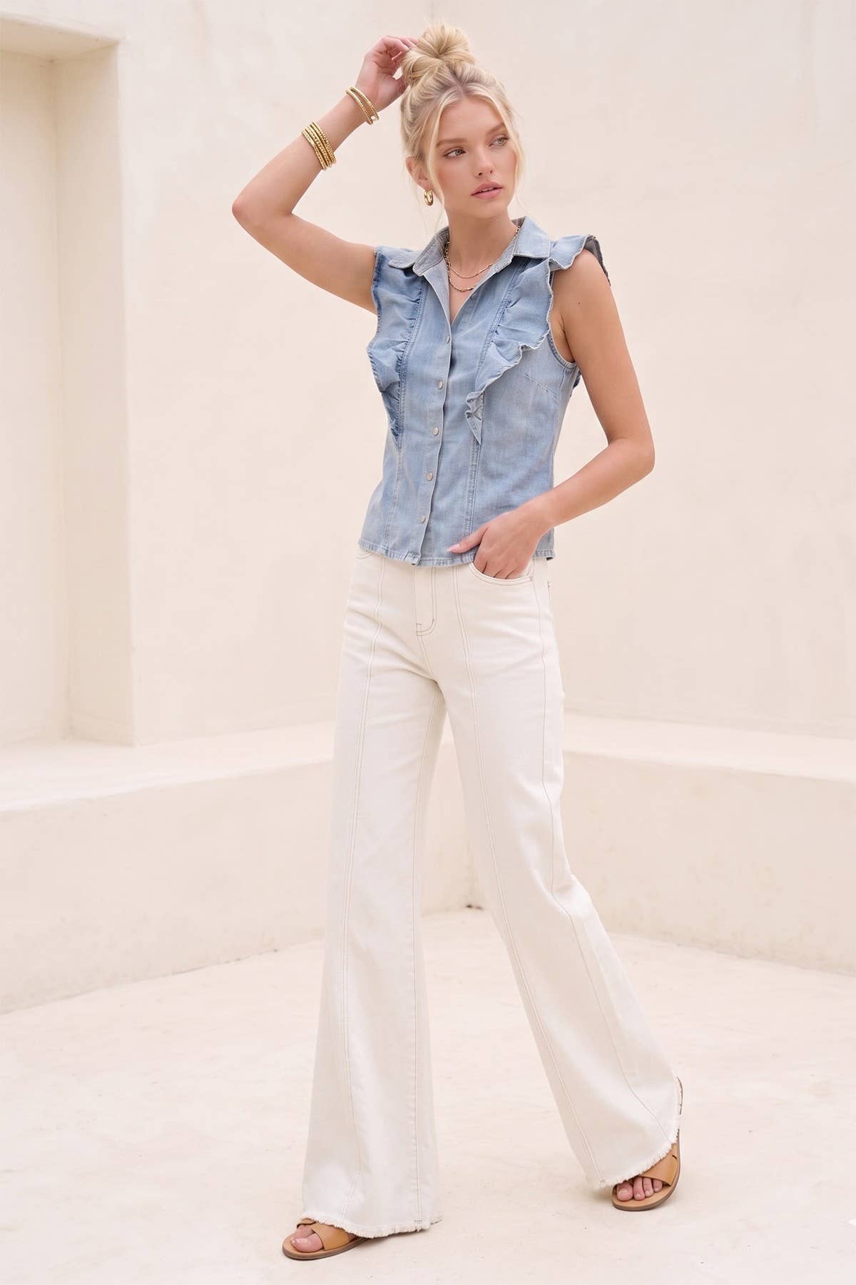 Ruffled Sleeveless Denim Top