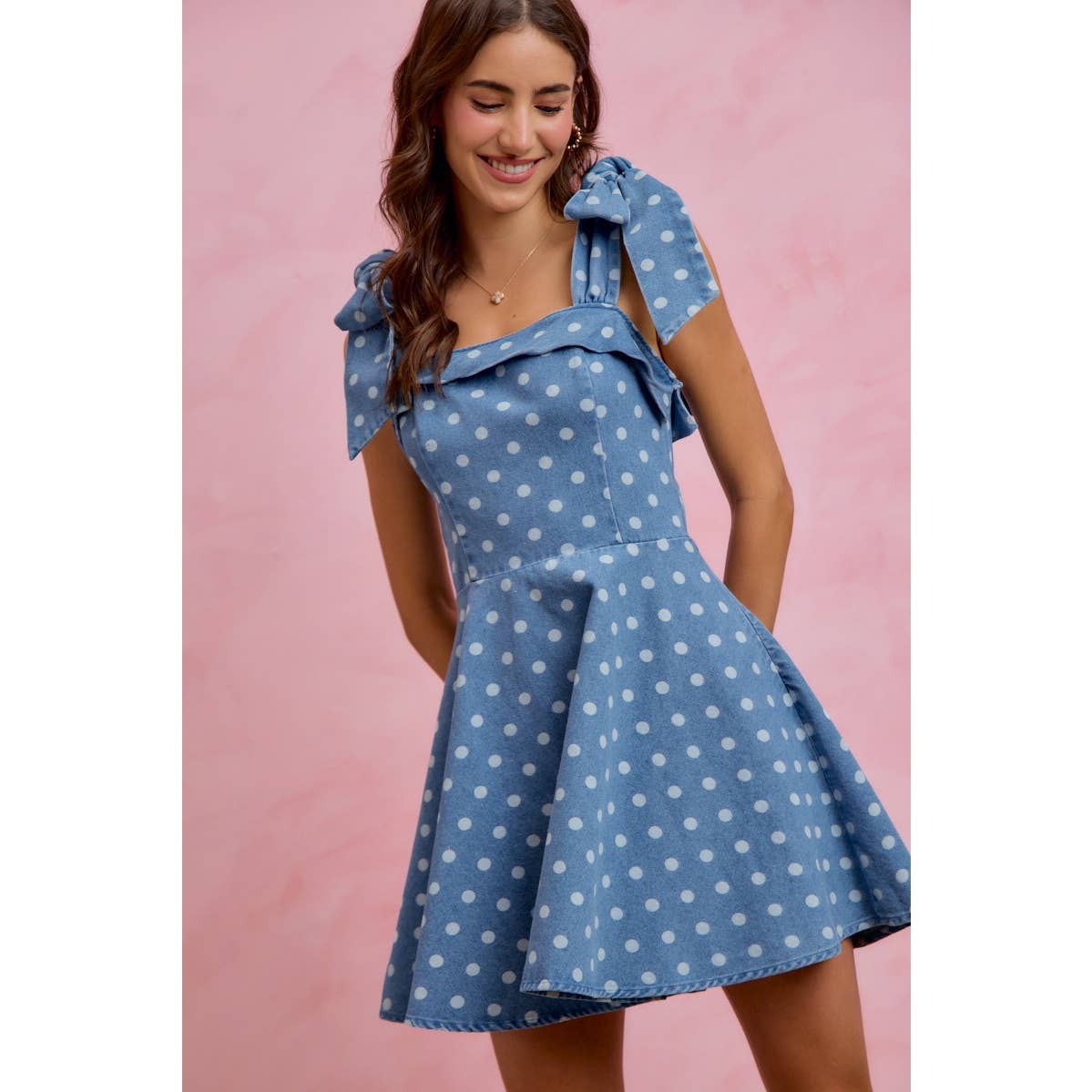 Polka Dot Denim Shoulder Tie Dress
