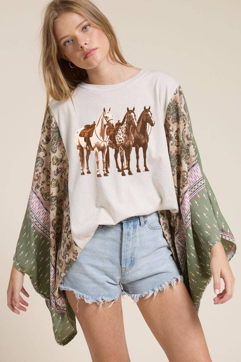 Horse Trio Vintage Graphic Sheer Kaftan Top