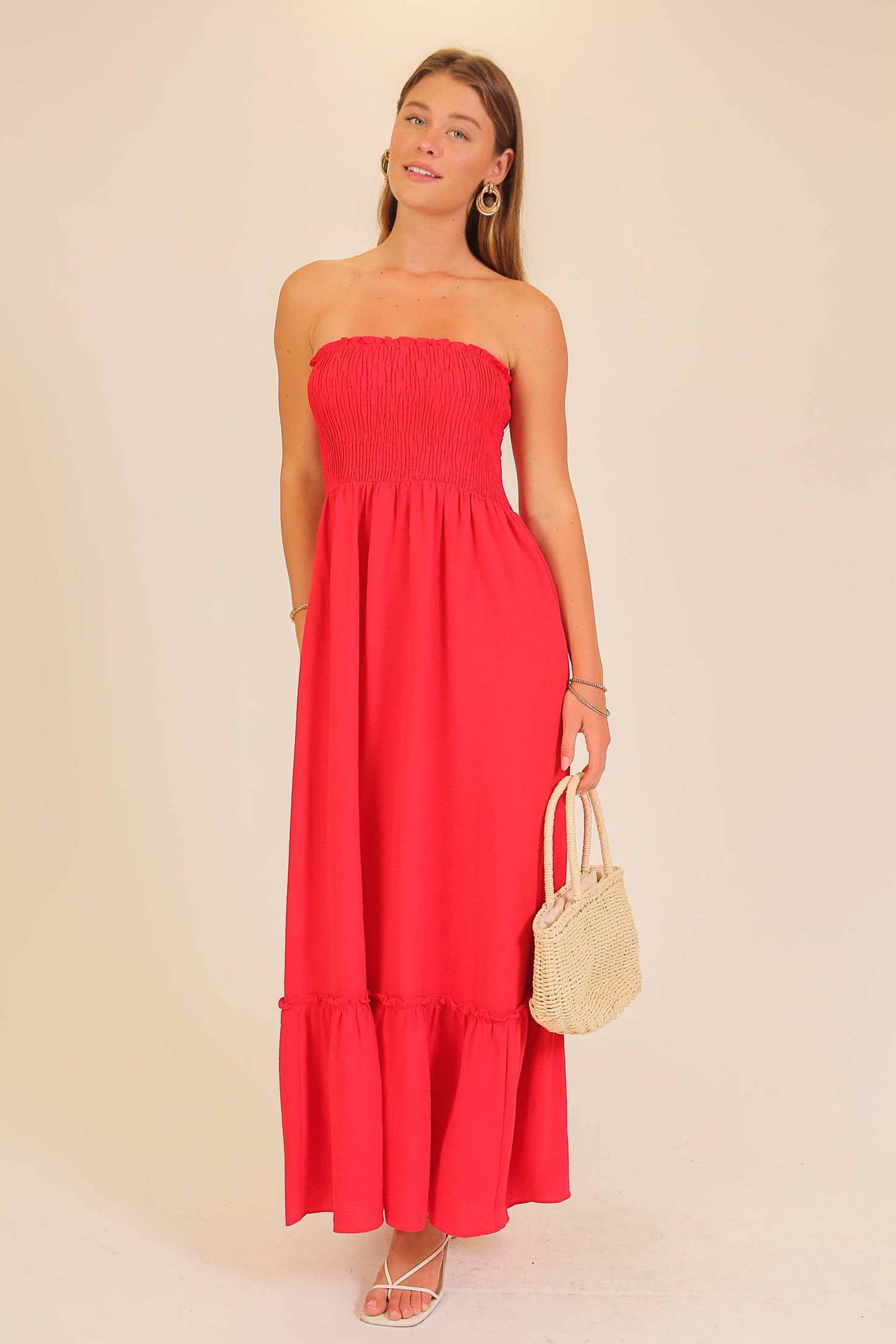 Strapless Boho Smocked Red Maxi Dress