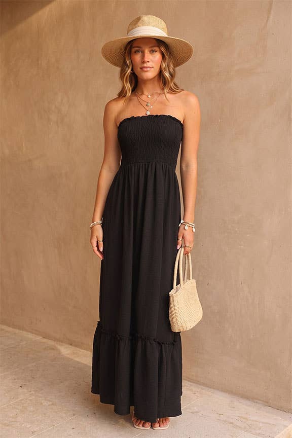 Strapless Boho Smocked Red Maxi Dress